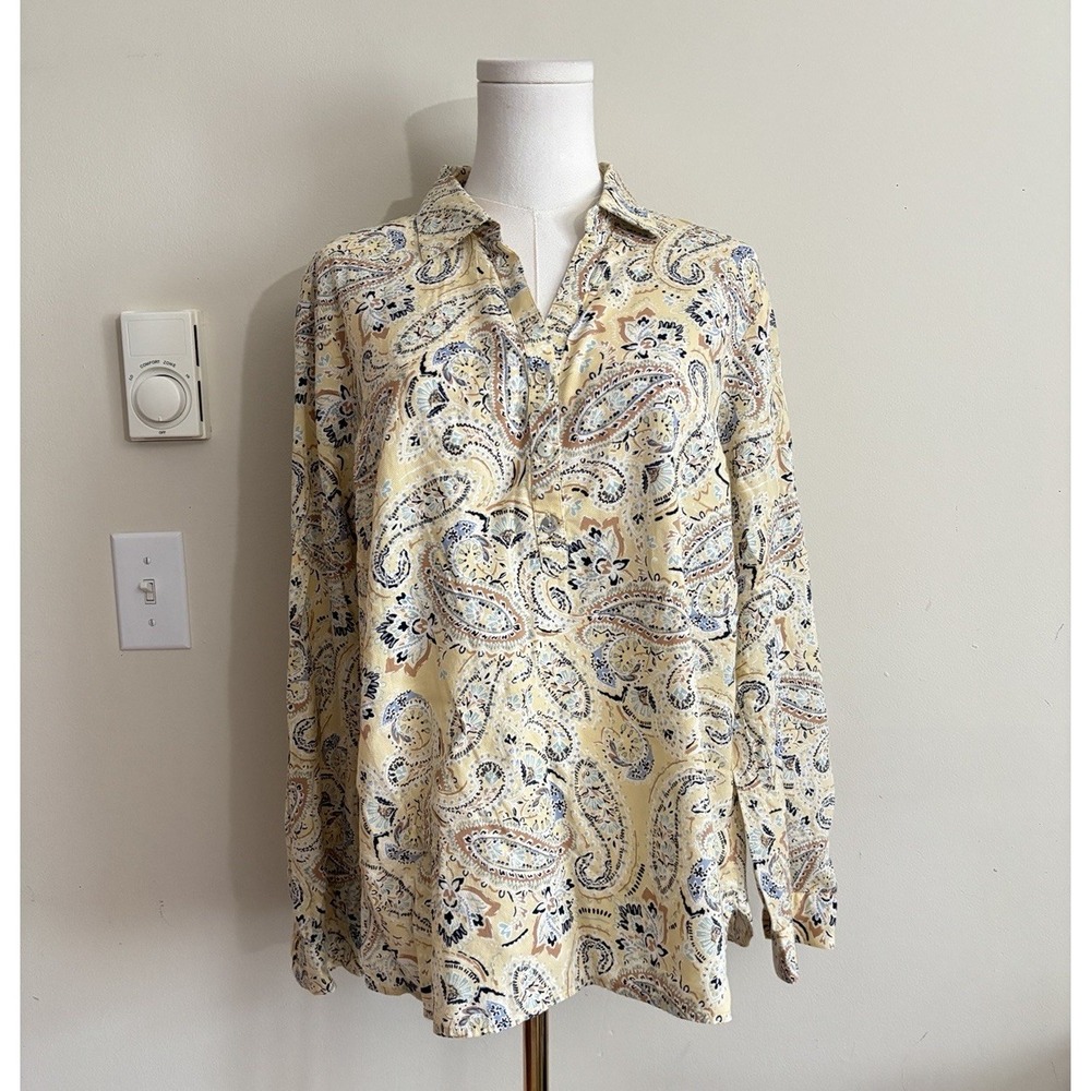 J Jill Medium Popover Top Paisley Floral Boho Coastal Yellow‎ Blue Tan Cotton